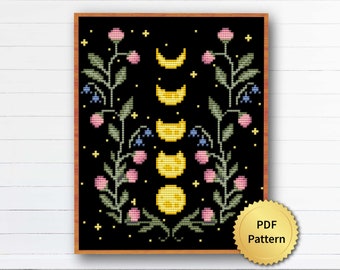Celestial Moon Phases Cross Stitch Pattern. Modern Space Design. Witchy Galaxy Cottagecore Decor, Night Sky Goblincore. 4StitchLV