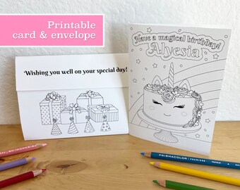 Personalized Unicorn Cake Birthday Card: Printable Coloring Page (PDF)
