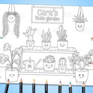 Puede incluir: Un dibujo en blanco y negro de una estantería de plantas con el texto "Cara's little garden" encima. La estantería tiene seis plantas en ella, incluyendo un cactus, una suculenta y una planta monstera. Cada planta tiene una cara linda dibujada en ella.