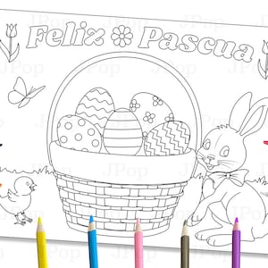 Printable Easter Coloring Page - Feliz Pascua - Easter Basket - Easter Bunny - Felices Pascuas - Conejo De Pascua - Canastas De Pascua