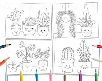 Kawaii Plants Coloring Pages – 4 Page Printable Bundle (PDF)