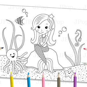 Afdrukbare zeemeermin kleurplaat - Kawaii zeemeermin - afdrukbare zeemeermin kleurplaat - afdrukbare kleurplaat zeemeermin - digitale download