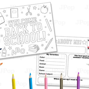 Puede incluir: Página para colorear imprimible en blanco y negro con el texto "¡Bienvenido de vuelta a la escuela!" y una mochila, una manzana, unas tijeras, una regla y bloques de letras. La segunda página es una hoja de trabajo "¡Sobre mí!" con secciones para el color favorito, la comida, el animal, el libro, el juego, la asignatura escolar y la mejor parte de las vacaciones de verano.