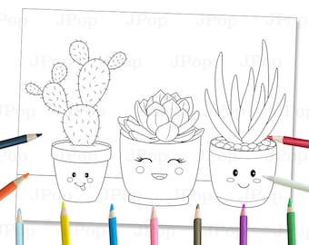Kawaii Plants Coloring Page: Cactus, Echeveria, Aloe (PDF)