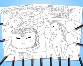 Personalized Unicorn Cake Coloring Pages: Birthday Party Activity (Digital Download)