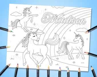 Personalized Unicorn Coloring Page: Custom Name, Rainbow (Digital Download)
