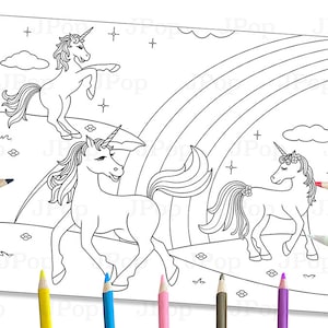 Printable Unicorns Coloring Page - Kawaii Unicorns - Printable Unicorn Coloring Page - Unicorn Printable Coloring Sheet - Digital Download