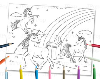 Kawaii Unicorns Coloring Page: Rainbow Unicorn Printable (Digital Download)