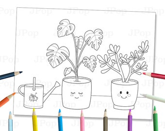 Printable Kawaii Plants Coloring Page: Monstera & Jade (PDF)
