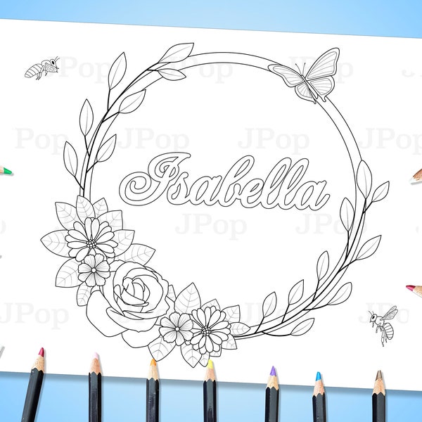 Personalized Coloring Page - Flower Wreath Coloring Page - Floral Wreath - Customizable Coloring Page - Custom Coloring Page - Flowers