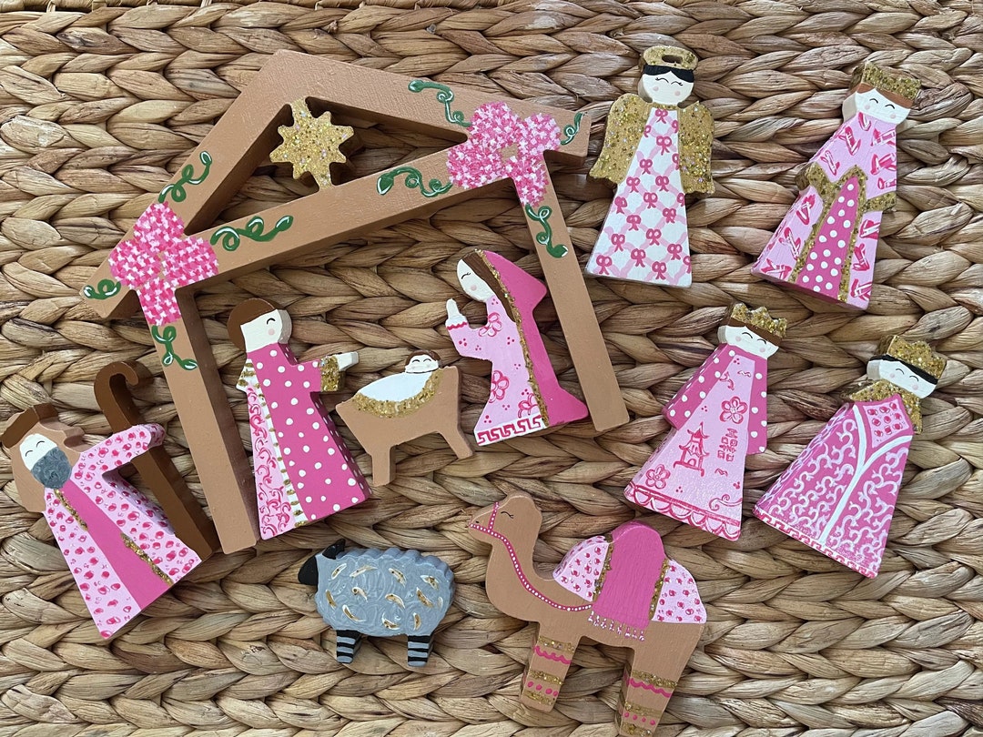 Pink Hand Painted Nativity Scene Etsy