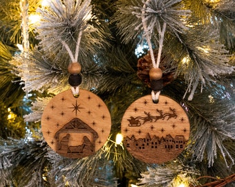 Rustic Handmade Christmas Ornaments, Wood Ornament, Wooden Nativity Manger Decoration, Santa Claus Sleigh Night Sky, Round Farmhouse Style