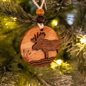 Wooden, Moose Christmas Ornament – Handmade Holiday Decor, Rustic Nature Scene, Layered Deer Tree Design, Unique Hunter Gift, Antler Tree