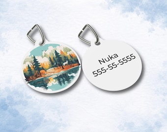 Forest Adventure-hondenpenning, aangepast huisdier-ID-tag met natuurtafereel, gepersonaliseerd hondennaamkaartje met telefoonnummer, huisdiertag voor honden en katten