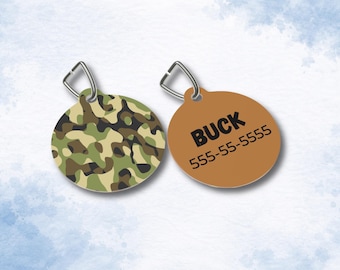 Personalized Camouflage Dog ID Tag, Custom Hunting Dog Name Tag with Phone Number, Durable Pet Tag for Outdoor Dogs, Military Camo Pet Tag