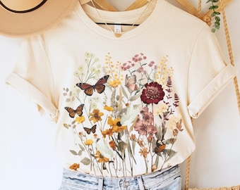 Koszula Cottagecore z prasowanymi kwiatami, letnia odzież Cottagecore, oversize'owa koszulka vintage z motywem botanicznym, zielona koszula czarownicy, koszula Goblincore