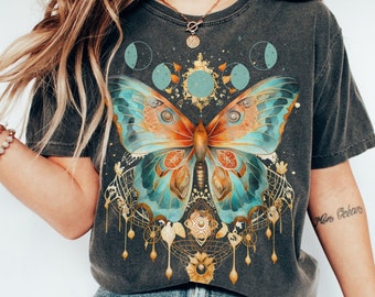 Butterfly shirt luna moth shirt celestial moon shirt vintage witchy shirt moon phases shirt fairycore tee whimsigoth shirt astrology tee