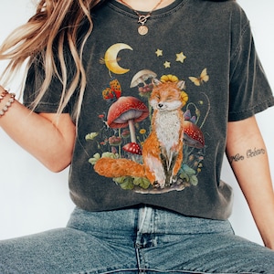 chemise goblincore renard vintage, renard cottagecore t-shirt forestcore vêtements chemise champignon chemise fairycore cottage core vêtements