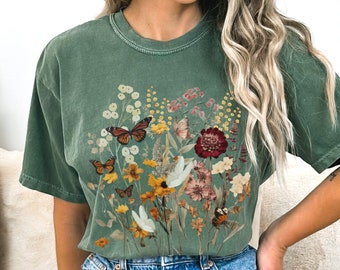 Koszula Cottagecore z prasowanymi kwiatami, koszula z dzikimi kwiatami, koszula boho z botanicznym motywem granola girl, goblincore, fairycore, forestcore, zielona czarownica