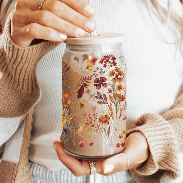 Fall iced coffee cup floral iced coffee glass with bamboo lid and straw iced coffee lover gift for friend mother's day gift
