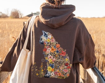 Cat hoodie cottagecore hoodie cottage core clothing cat lover hoodie cat mom hoodie catlovers sweater floral cat hoody pressed flowers