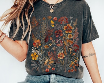 Vintage Cottagecore Shirt Goblincore Shirt Boho Wildblumen Shirt Natur Shirt Botanisches Shirt Gartenliebhaber Herbst Ästhetik Grüne Hexe