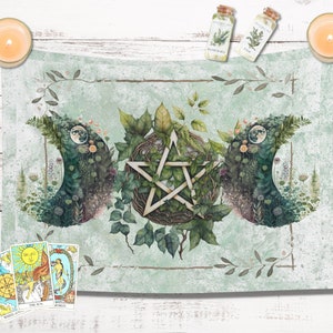 Green Witch Altar Cloth Nature Witch Wicca altar cloth green pentacle Wicca Witch Pagan Décor Tarot Mat Spring Summer Tarot witchy decor