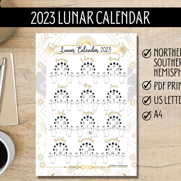 LUNAR CALENDAR 2023 |  lunar phase calendar | 2023 lunar calendar printable | Printable Lunar calendar | Moon Calendar 2023 | Moon Phases