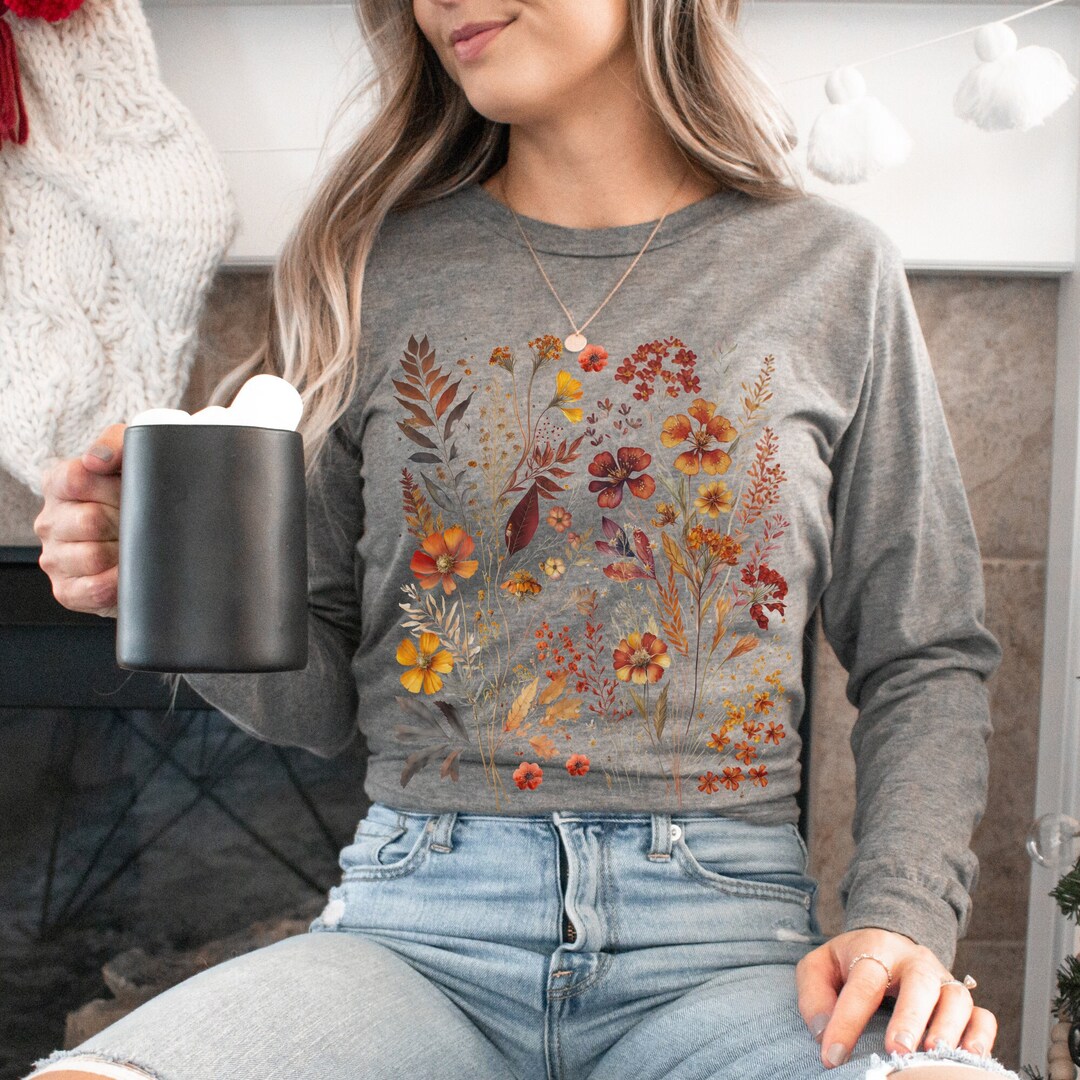 Cottagecore Shirt Pressed Flowers Long Sleeved Tshirt Vintage Floral Shirt Witchy Shirt Boho