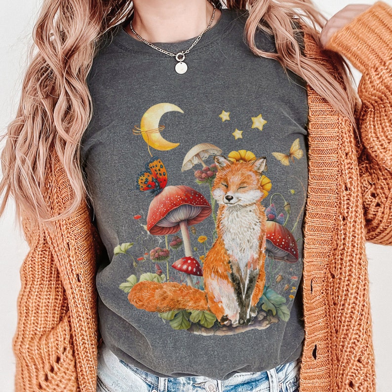 Vintage fox goblincore shirt, fox cottagecore t shirt forestcore clothing mushroom shirt fairycore shirt cottage core clothing image 2