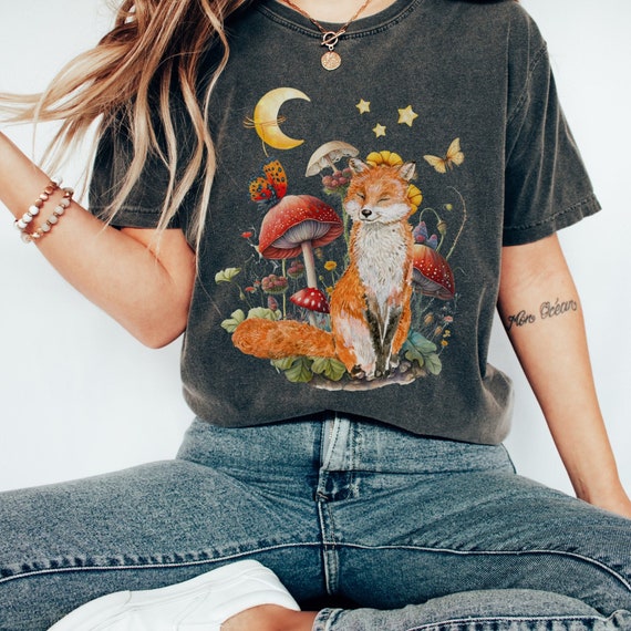 Vintage fox goblincore shirt, fox cottagecore t shirt forestcore clothing mushroom shirt fairycore shirt cottage core clothing