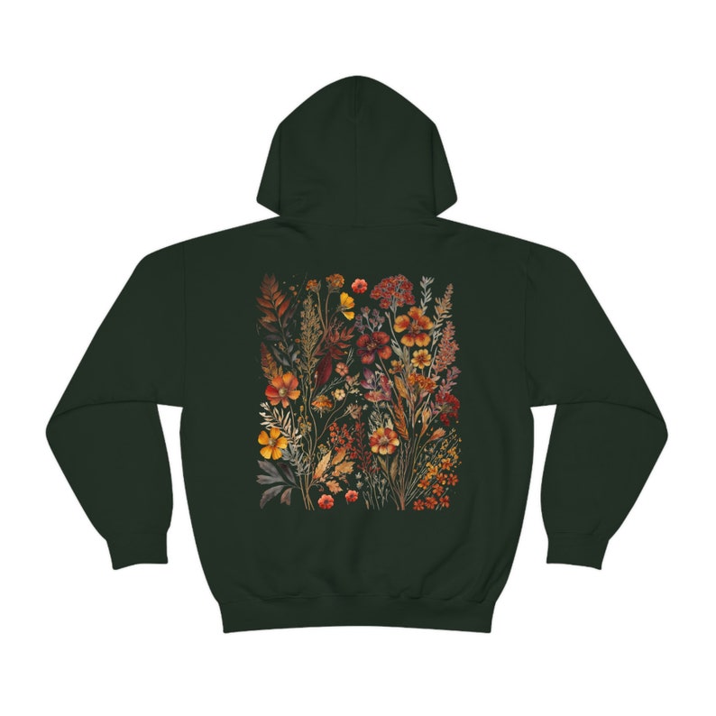 Wildflower Hoodie Pressed Flowers Hoodie Cottagecore Hoodie Forestcore Goblincore Hoodie Fairycore Hoodie Floral hoodie brown forest green Forest Green