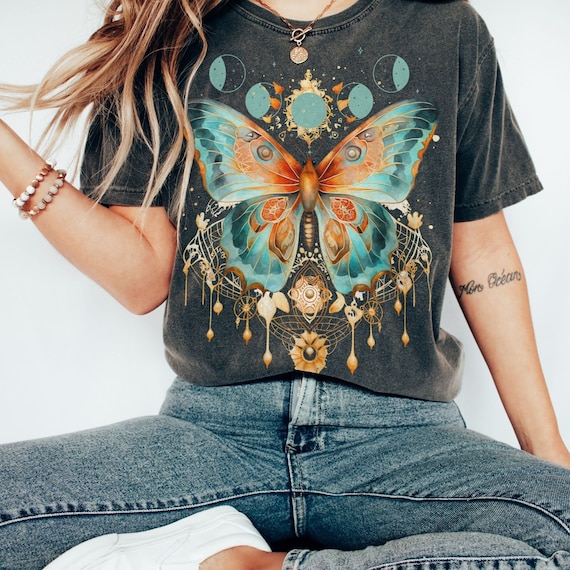 Butterfly shirt luna moth shirt celestial moon shirt vintage witchy shirt moon phases shirt fairycore tee whimsigoth shirt astrology tee