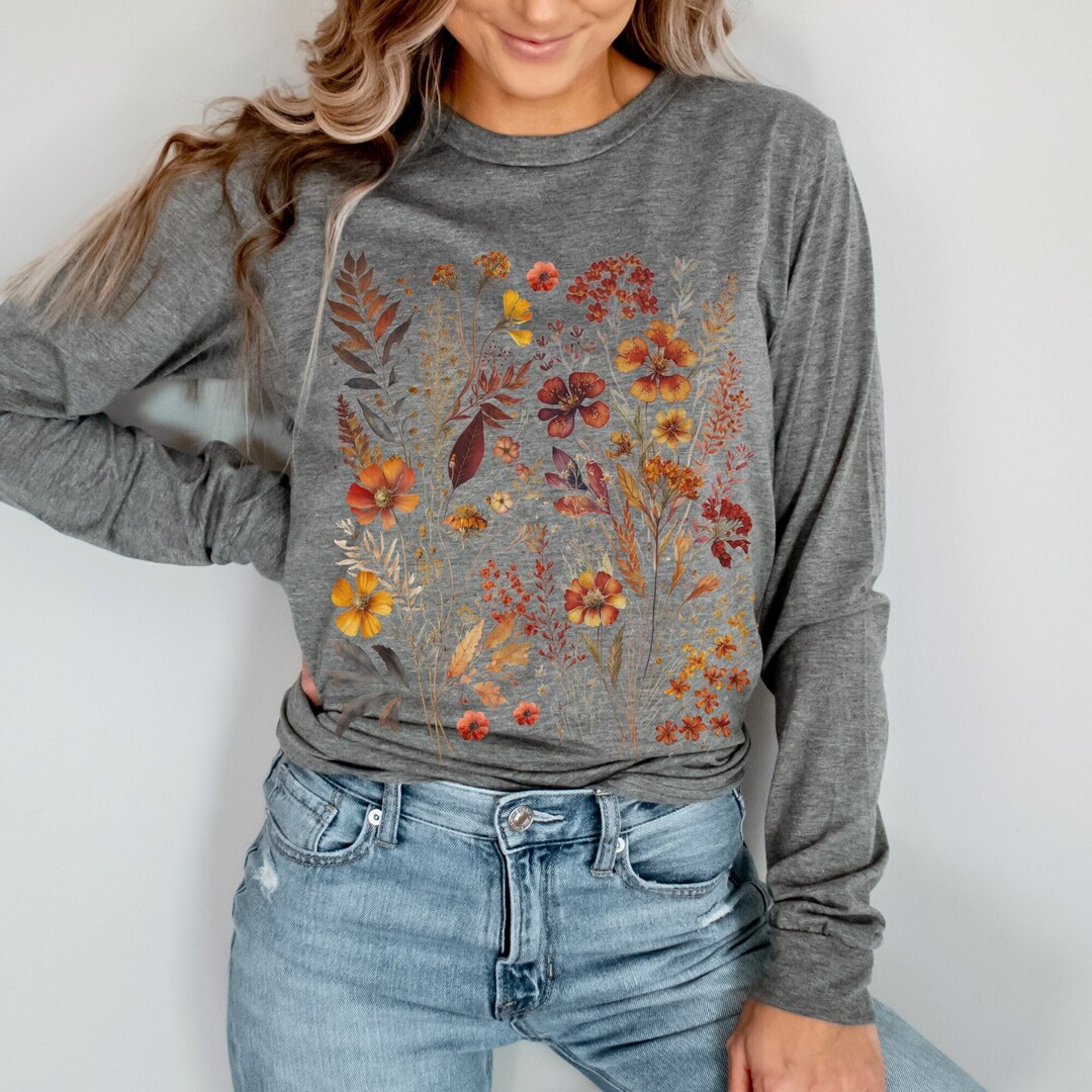 Cottagecore Shirt Pressed Flowers Long Sleeved Tshirt Vintage Etsy