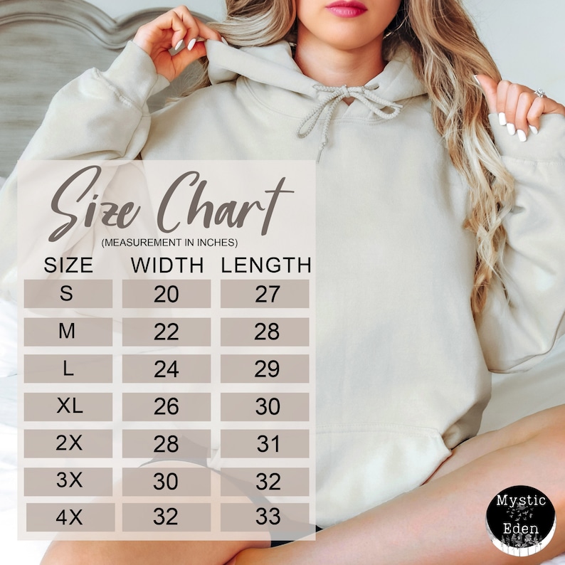 May include: Size chart for a hoodie with measurements in inches. The chart shows the width and length of the hoodie in inches for sizes S, M, L, XL, 2X, 3X, and 4X.
