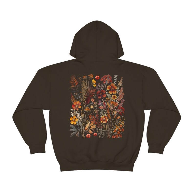 Wildflower Hoodie Pressed Flowers Hoodie Cottagecore Hoodie Forestcore Goblincore Hoodie Fairycore Hoodie Floral hoodie brown forest green Dark Chocolate