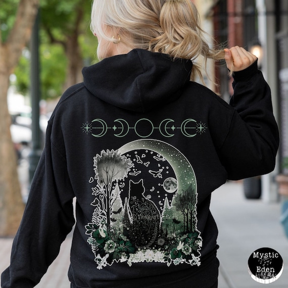 Black cat hoodie whimsigoth hoodie halloween cat sweatshirt witchy shirt hoodie goblincore hoodie black cat halloween sweatshirt witch hoody