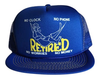 Vintage “Retired – No Clock, No Phone, No Worries, No Money” Trucker Hat – Funny Retro Mesh Snapback Cap – Retirement Gift for Men