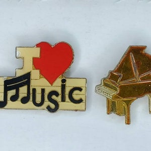 Vintage Enamel Music Pins // Saxophone // Piano // Music Notes // I love music // True Vintage Metal pins // Music Instruments // NOS VTG