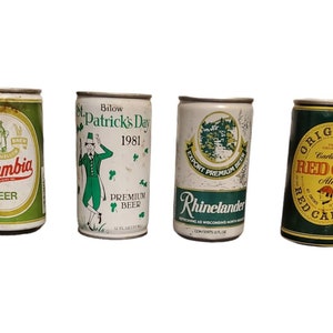 Vintage Beer Can Lot // lot of 4 // rusty dusty old cans // decor mancave // Columbia Beer St. Patrick&#39;s Day Rhinelander Red Cap Carling 177