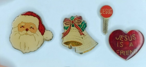 Vintage Enamel Christmas Pins // Santa Claus // Santa's sleigh bells // Jesus is a friend // Jesus Key // True Vintage Metal pins // NOS
