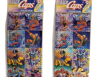 Juego de 2 tapas láser vintage de los años 90, colección POG-600: Pogs y Slammers holográficos sellados, juego retro.