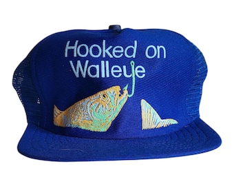 Vintage Hooked on Walleye Trucker Hat - Blaue Mesh Snapback Cap, Bestickter Fischerhut, Retro 80er Jahre Naturschützer Geschenk