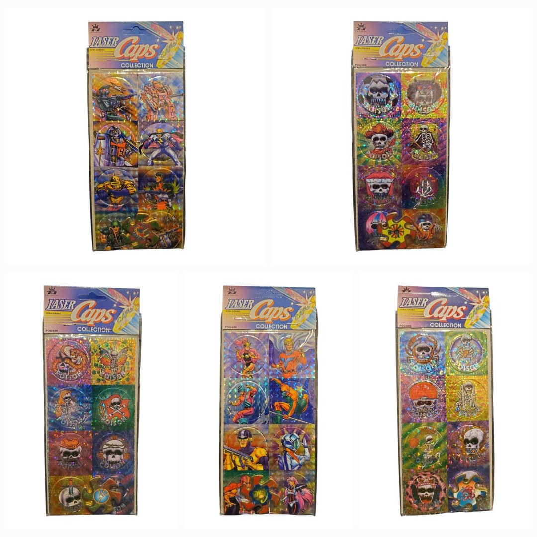 Vintage Laser Pogs Caps Collection // Set of 5 Packs Each With 8 Caps
