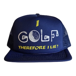 Vintage 80s Golf Trucker Hat – Funny &quot;Golf Therefore I Lie!&quot; Mesh Snapback Cap – Red & Blue Retro CapSmith Novelty Hat