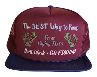 "Vintage Humorvolle Angeln Trucker Hat - ""Don't Work Go Fischen"" Snapback Mesh Cap - Kastanienbraun & Marine - Retro Dad Hat - Fischer Geschenk."
