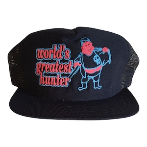 Vintage 80s Trucker Hat “World’s Greatest Hunter” Funny Embroidered Mesh Snapback Black Foam Front Retro Gift Cap