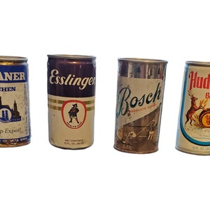 Vintage Beer Can Lot // lot of 4 // rusty dusty old cans // decor mancave // Paulaner Munchen Hell Urtyp Esslinger Bosch Hudepohl Beer 189