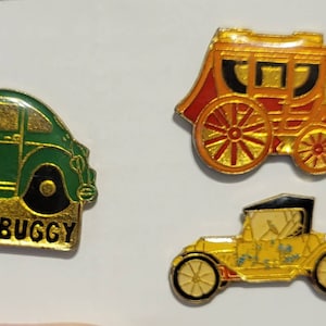 Vintage Enamel Pins // Set of 3 // Volkswagen Beetle Boogie Buggy // StageCoach Carriage // Antique Classic Car // NOS VTG Deadstock