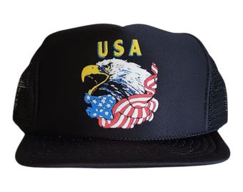vintage USA Trucker Hat - Casquette snapback en maille patriotique pygargue à tête blanche, casquette de baseball Americana rétro des années 80 et 90